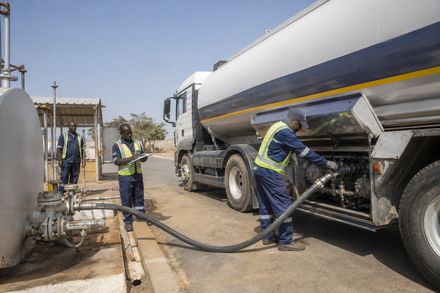 Nigerian diesel delivery team operating a fuel tanker
